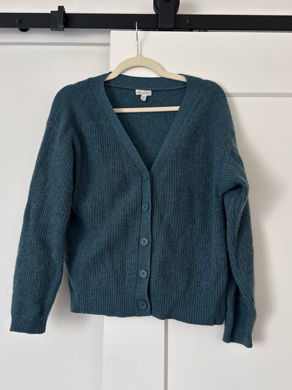 Garnet Hill Teal Ribbed V-Neck Button Cardigan 100% Cashmere